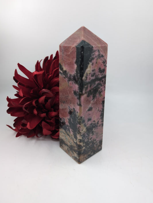 Polished Rhodonite Tower 922g featuring pink tone with black veining - Luna Panther