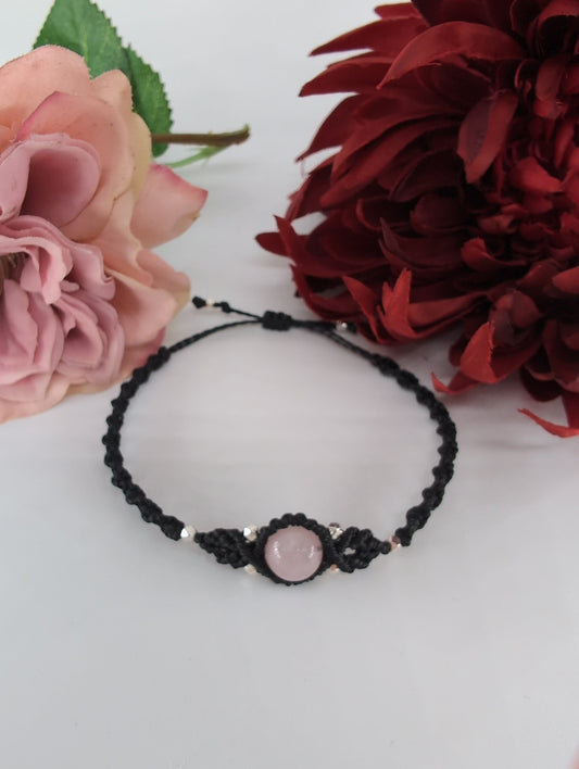 Polished Rose Quartz Black Micro Macrame Bracelet featuring soft pink tone and gentle translucence - Luna Panther