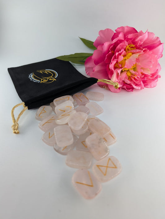 Polished Rose Quartz Rune Set and Bag - Polished Elder Futhark Runes featuring soft pink tone and gentle translucence - Luna Panther
