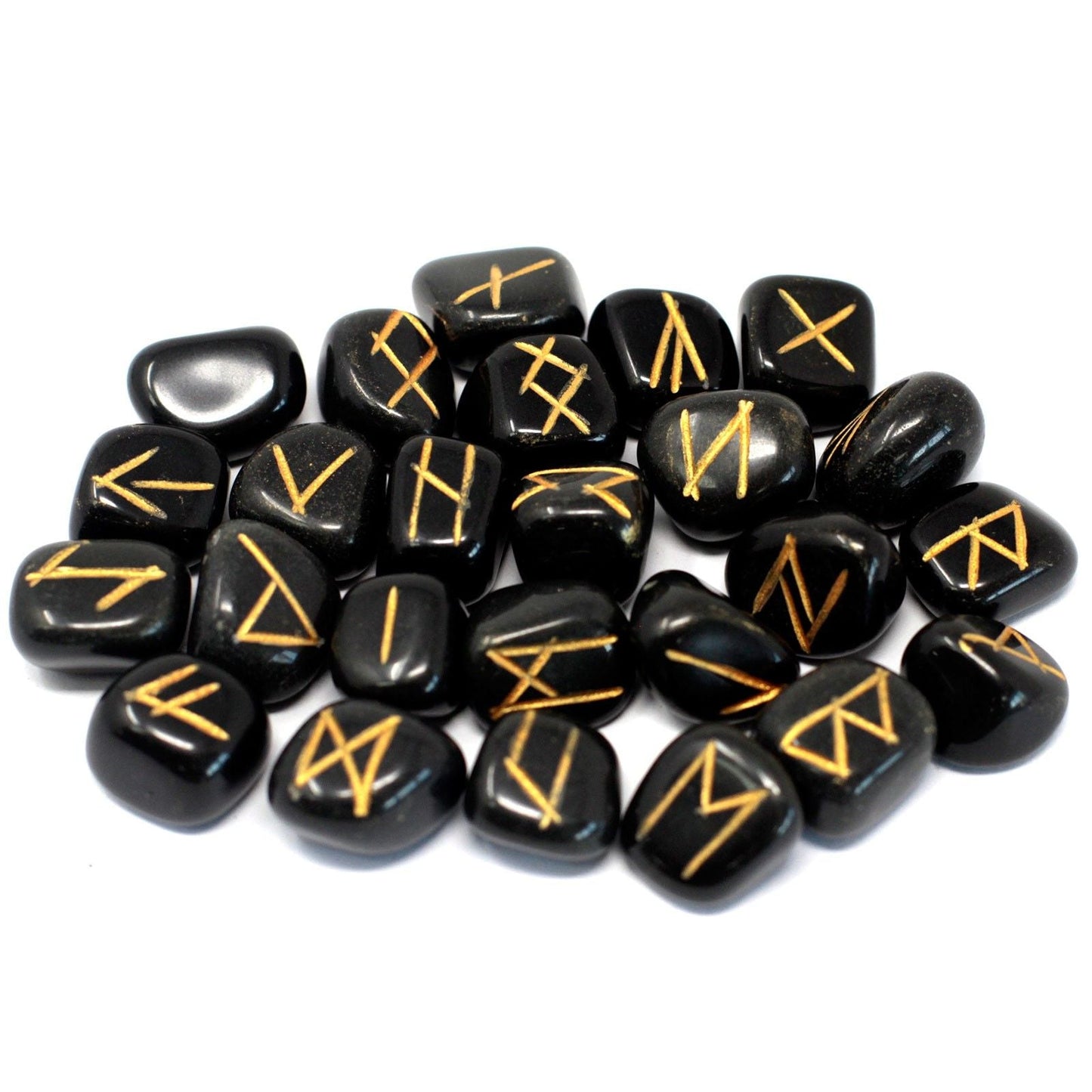 Polished Runes Stone Set in Pouch - Black Agate featuring banded patterns and glossy finish - Luna Panther