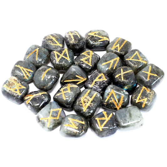 Polished Runes Stone Set in Pouch - Labradorite featuring blue flash and iridescent shimmer - Luna Panther