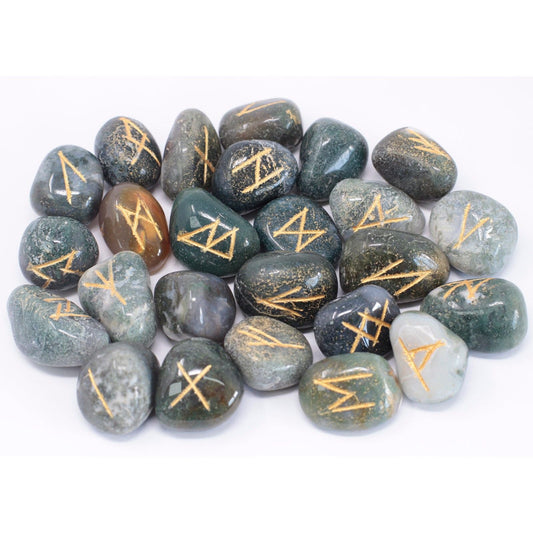 Polished Runes Stone Set in Pouch - Moss Agate featuring green mossy inclusions in translucent base - Luna Panther