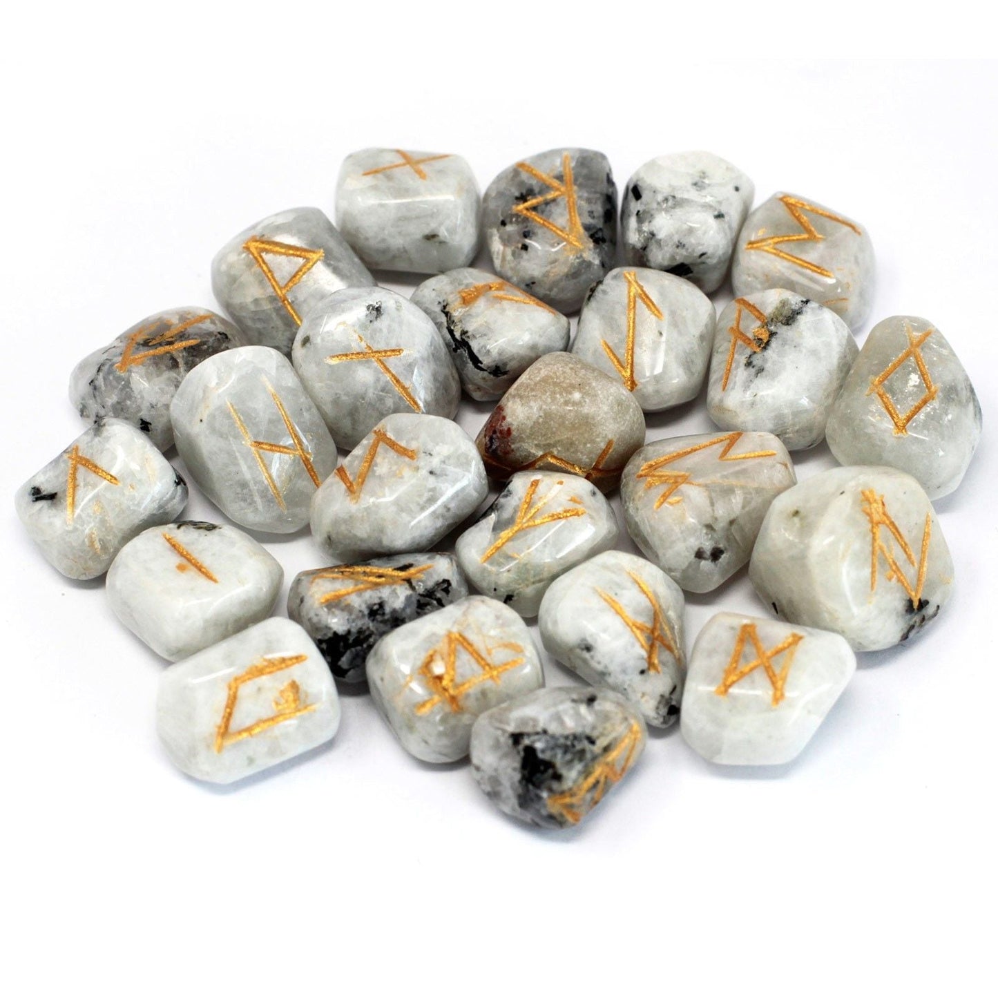 Polished Runes Stone Set in Pouch - Rainbow Moonstone featuring pearly adularescence and soft sheen - Luna Panther