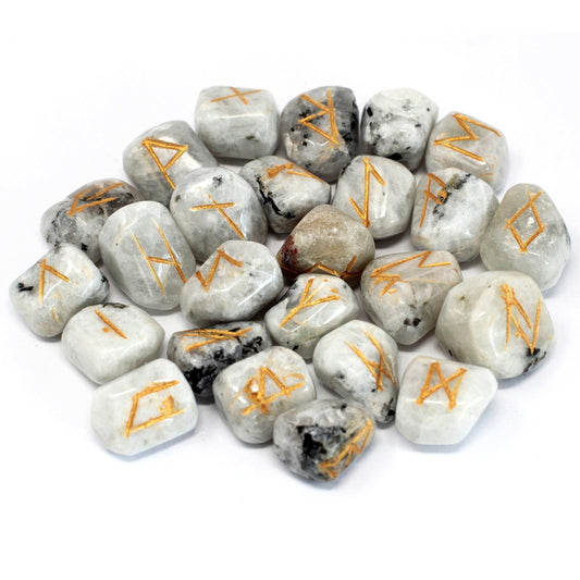 Polished Runes Stone Set in Pouch - Rainbow Moonstone featuring pearly adularescence and soft sheen - Luna Panther