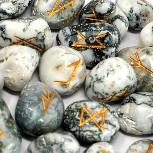 Polished Runes Stone Set in Pouch - Tree Agate featuring banded patterns and glossy finish - Luna Panther