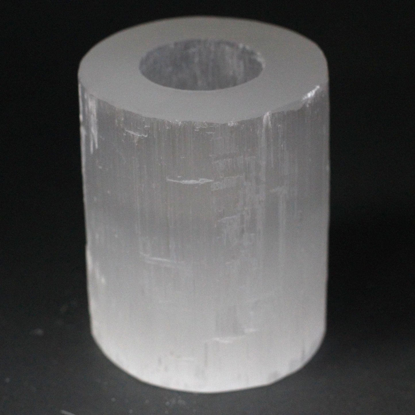 Polished Selenite Cylinder Candle Holder - 10 cm featuring satin white sheen and fibrous texture - Luna Panther