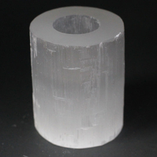 Polished Selenite Cylinder Candle Holder - 10 cm featuring satin white sheen and fibrous texture - Luna Panther