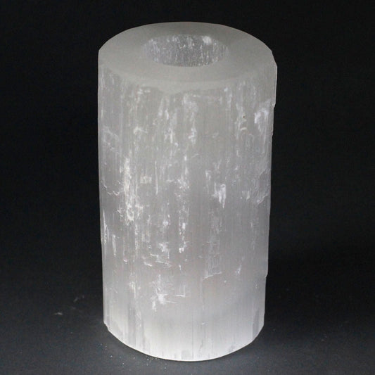 Polished Selenite Cylinder Candle Holder - 15 cm featuring satin white sheen and fibrous texture - Luna Panther