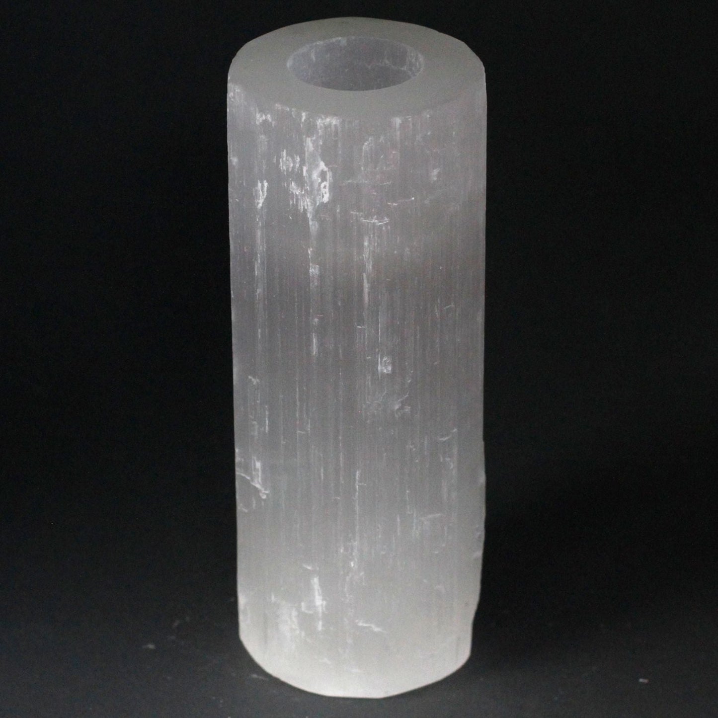 Polished Selenite Cylinder Candle Holder - 20 cm featuring satin white sheen and fibrous texture - Luna Panther