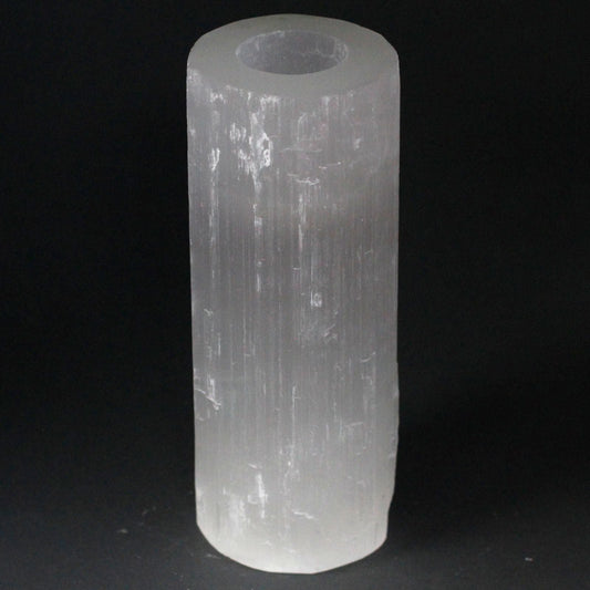 Polished Selenite Cylinder Candle Holder - 20 cm featuring satin white sheen and fibrous texture - Luna Panther