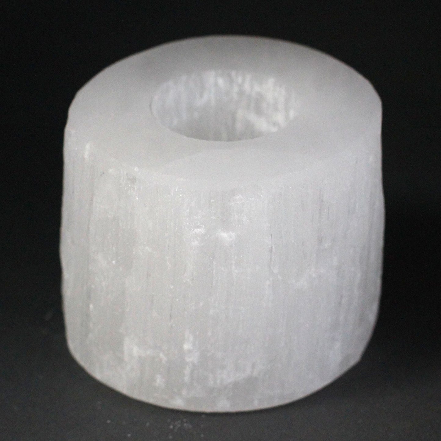 Polished Selenite Cylinder Candle Holder - 8 cm featuring satin white sheen and fibrous texture - Luna Panther