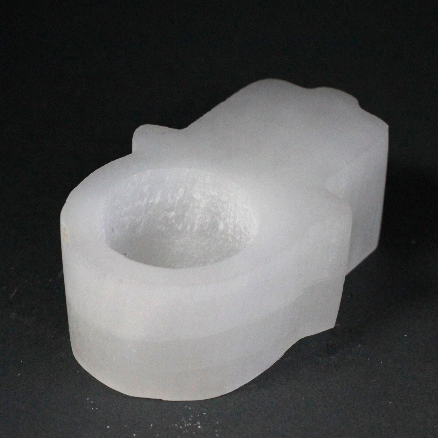 Polished Selenite Hamsa Candle Holder featuring satin white sheen and fibrous texture - Luna Panther