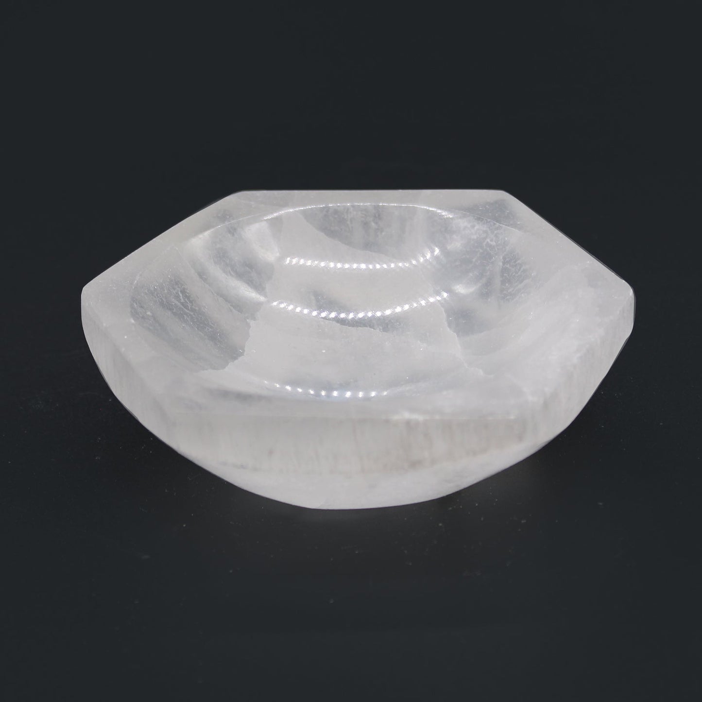 Polished Selenite Hex Bowl - 10cm featuring satin white sheen and fibrous texture - Luna Panther