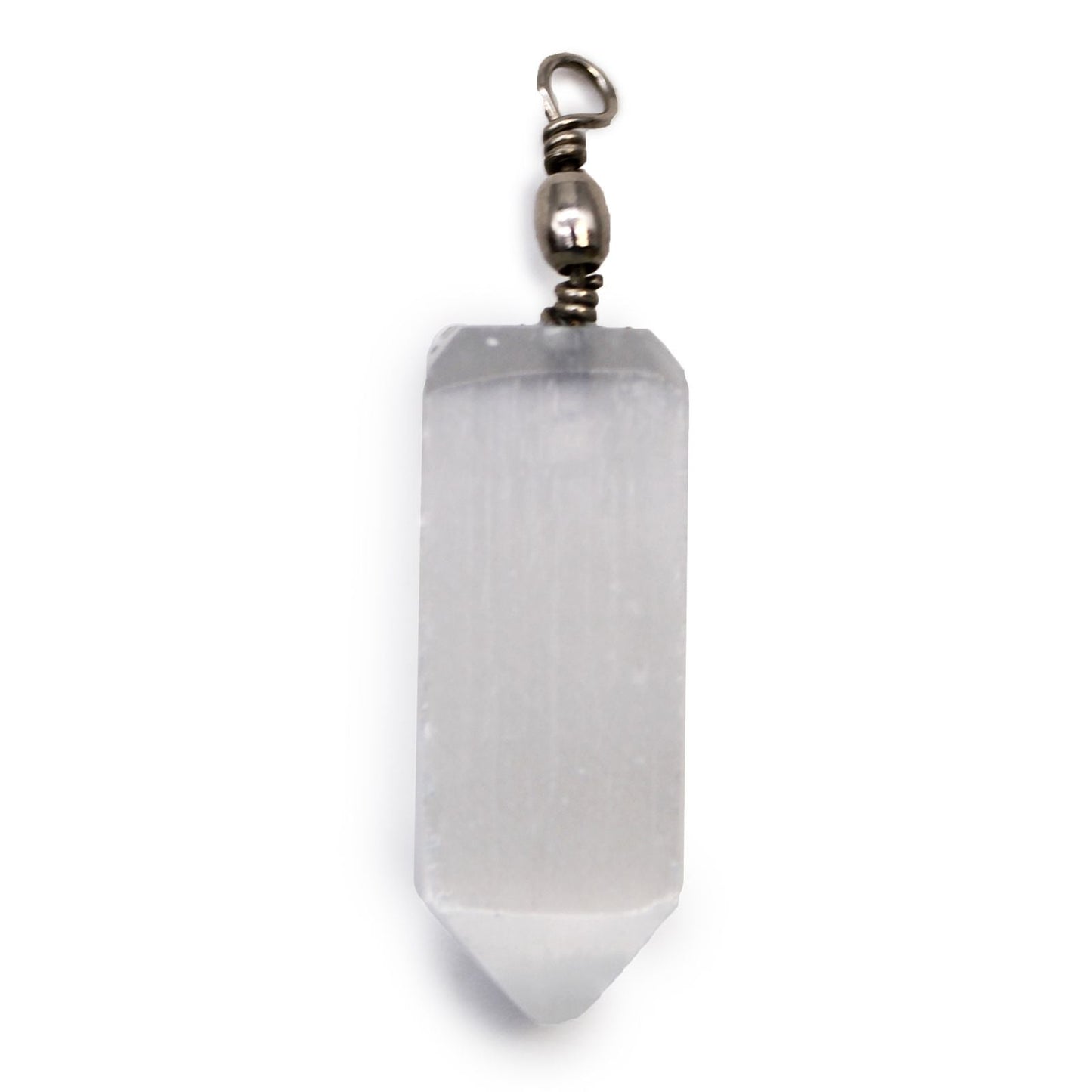 Polished Selenite Obelisk Pendant featuring satin white sheen and fibrous texture - Luna Panther
