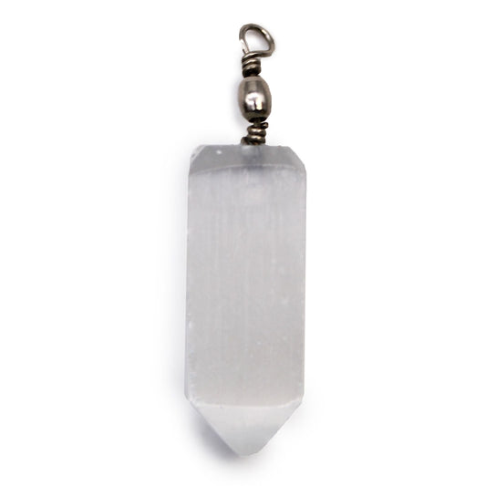 Polished Selenite Obelisk Pendant featuring satin white sheen and fibrous texture - Luna Panther