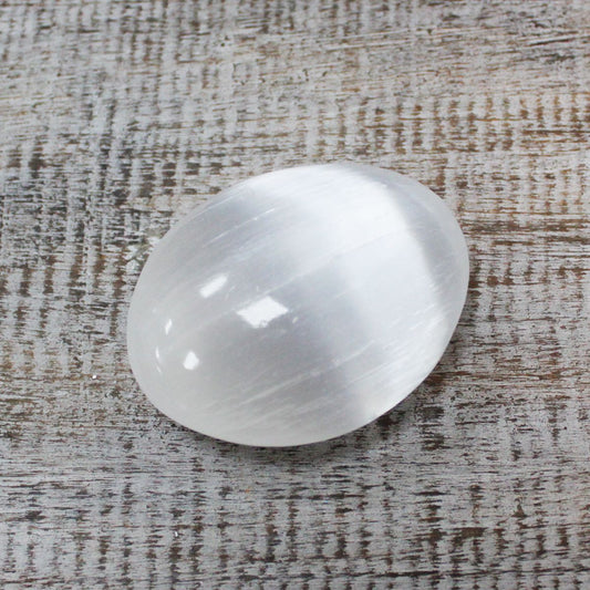 Polished Selenite Palm Stone - 6.5 cm featuring satin white sheen and fibrous texture - Luna Panther