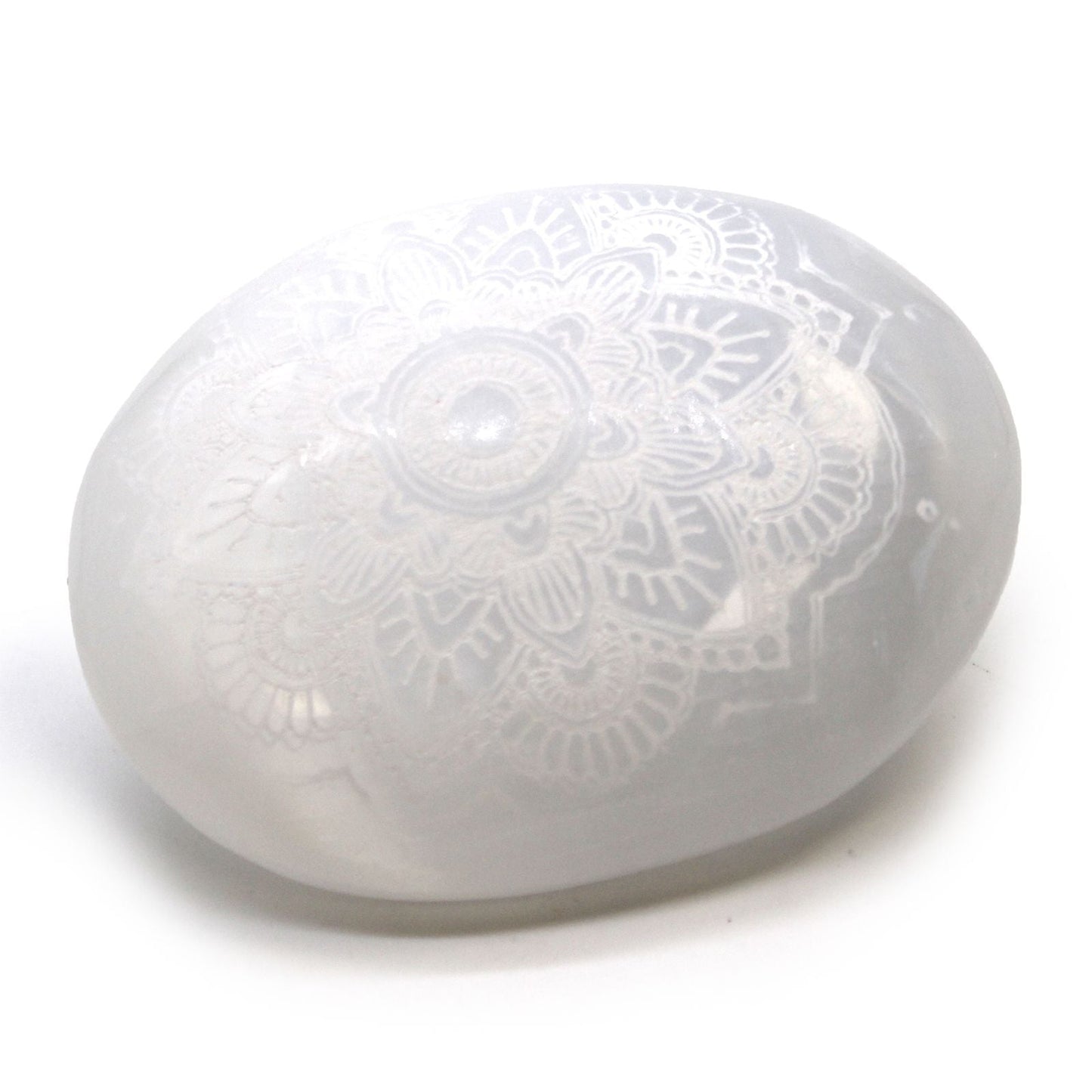 Polished Selenite Palm Stone - Mandala Engraved featuring satin white sheen and fibrous texture - Luna Panther