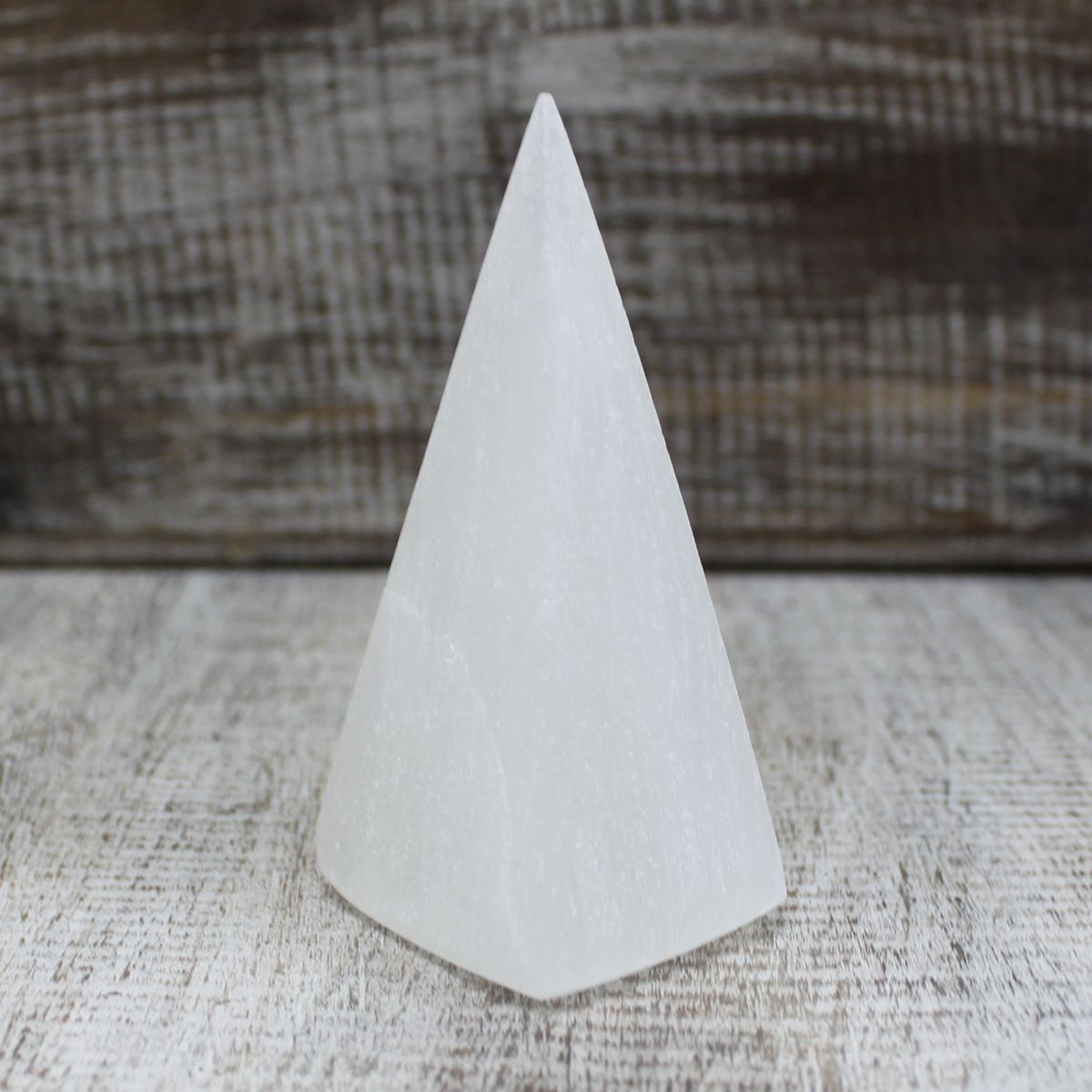 Polished Selenite Pyramid - 10 cm featuring satin white sheen and fibrous texture - Luna Panther