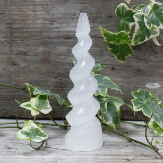 Polished Selenite Spiral Unicorn Horn Tower - 15 cm featuring satin white sheen and fibrous texture - Luna Panther