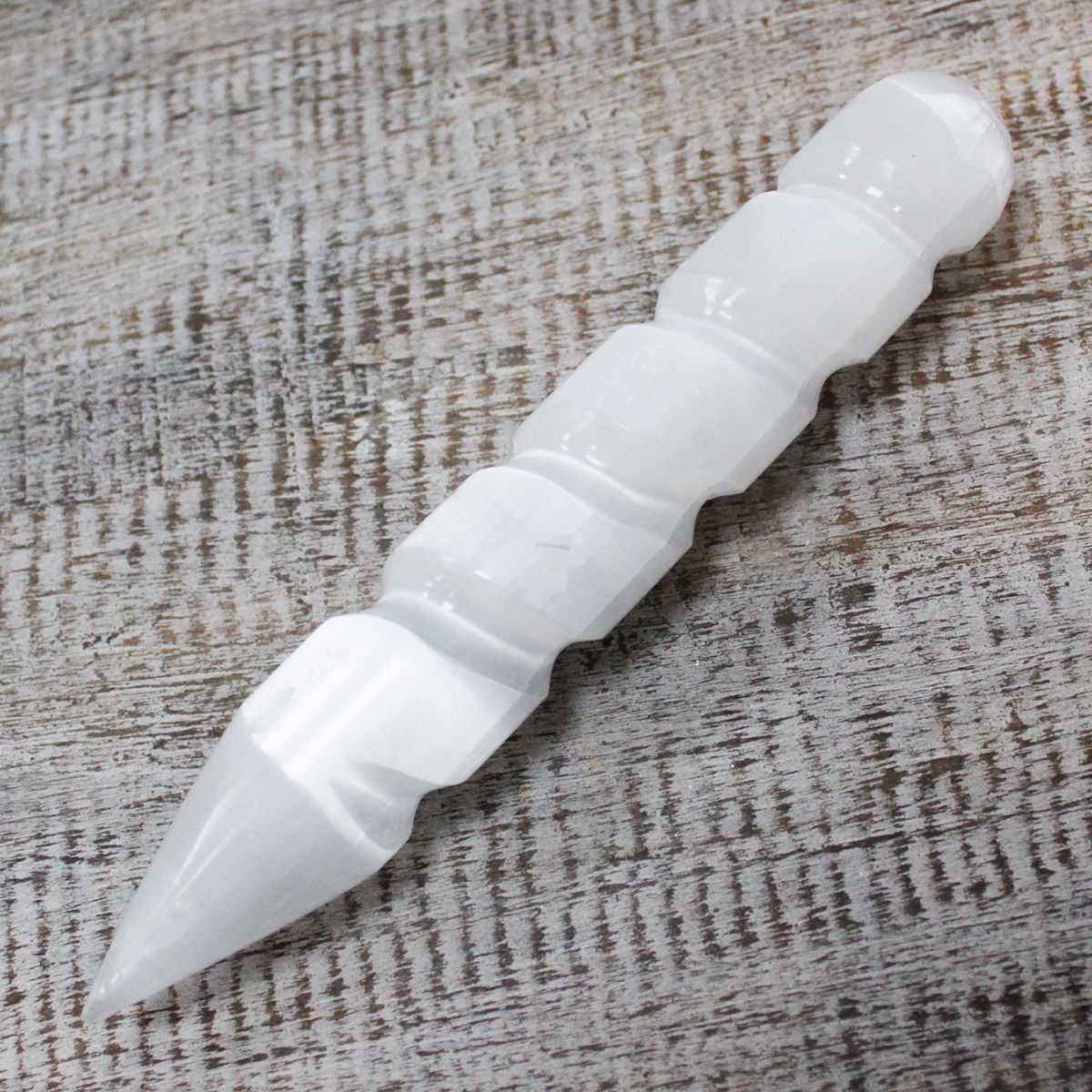 Polished Selenite Spiral Wands - 16 cm (Point One Ends) featuring satin white sheen and fibrous texture - Luna Panther