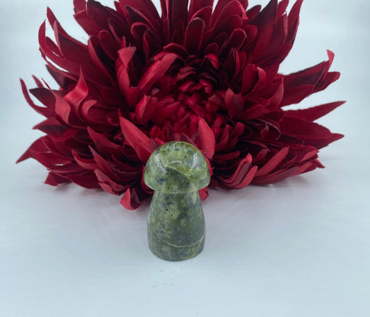 Polished Serpentine Mushroom featuring mossy green tone with natural veining - Luna Panther