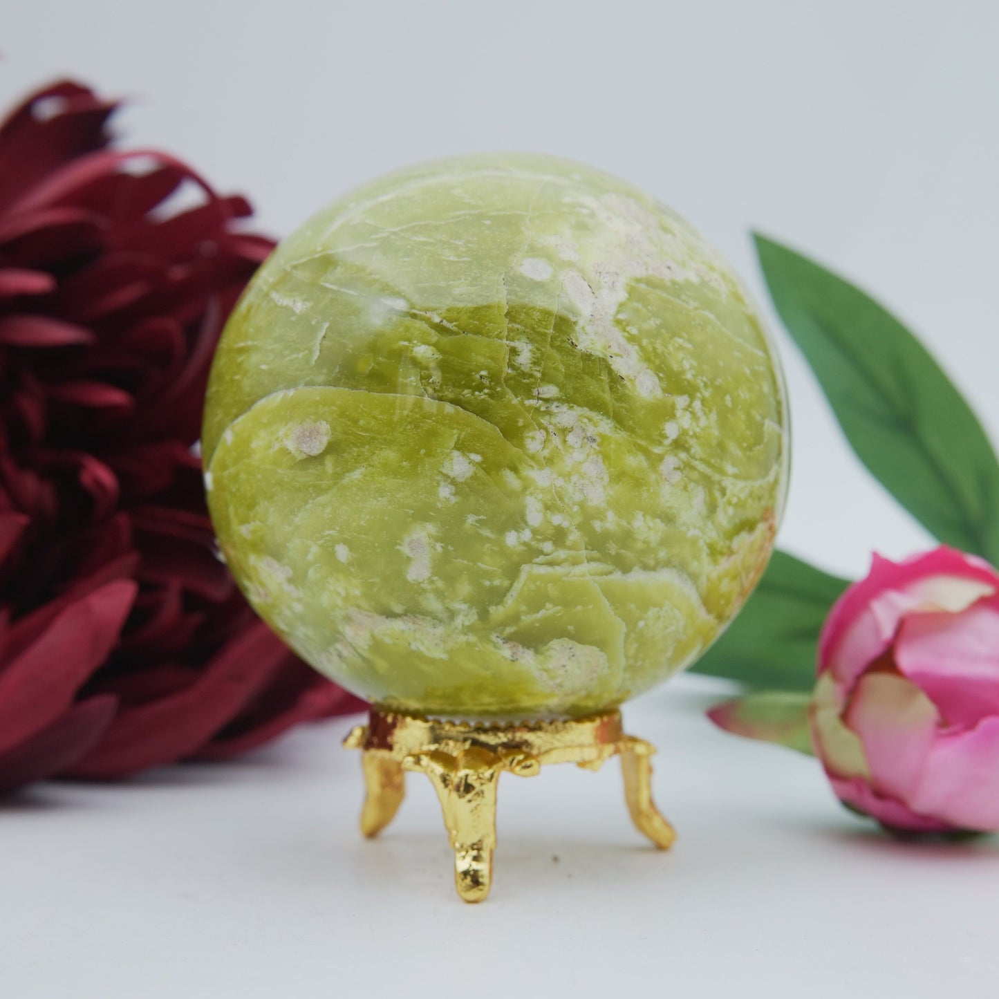 Polished Serpentine Sphere 70mm 485g featuring mossy green tone with natural veining - Luna Panther