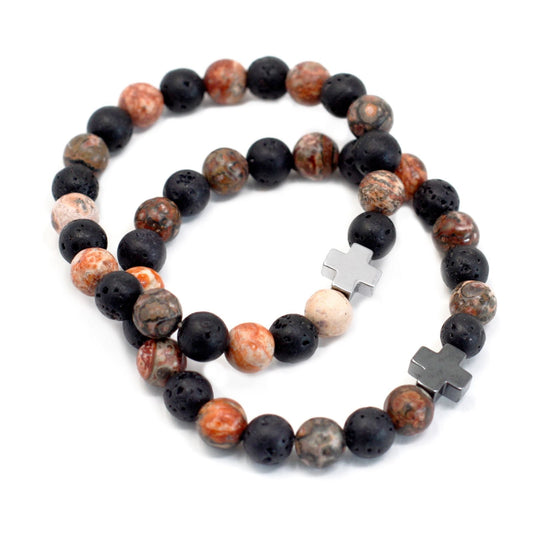 Set of 2 Gemstones Friendship Bracelets - Eternity - Leopard Skin Jasper & Lava Stone - Luna Panther