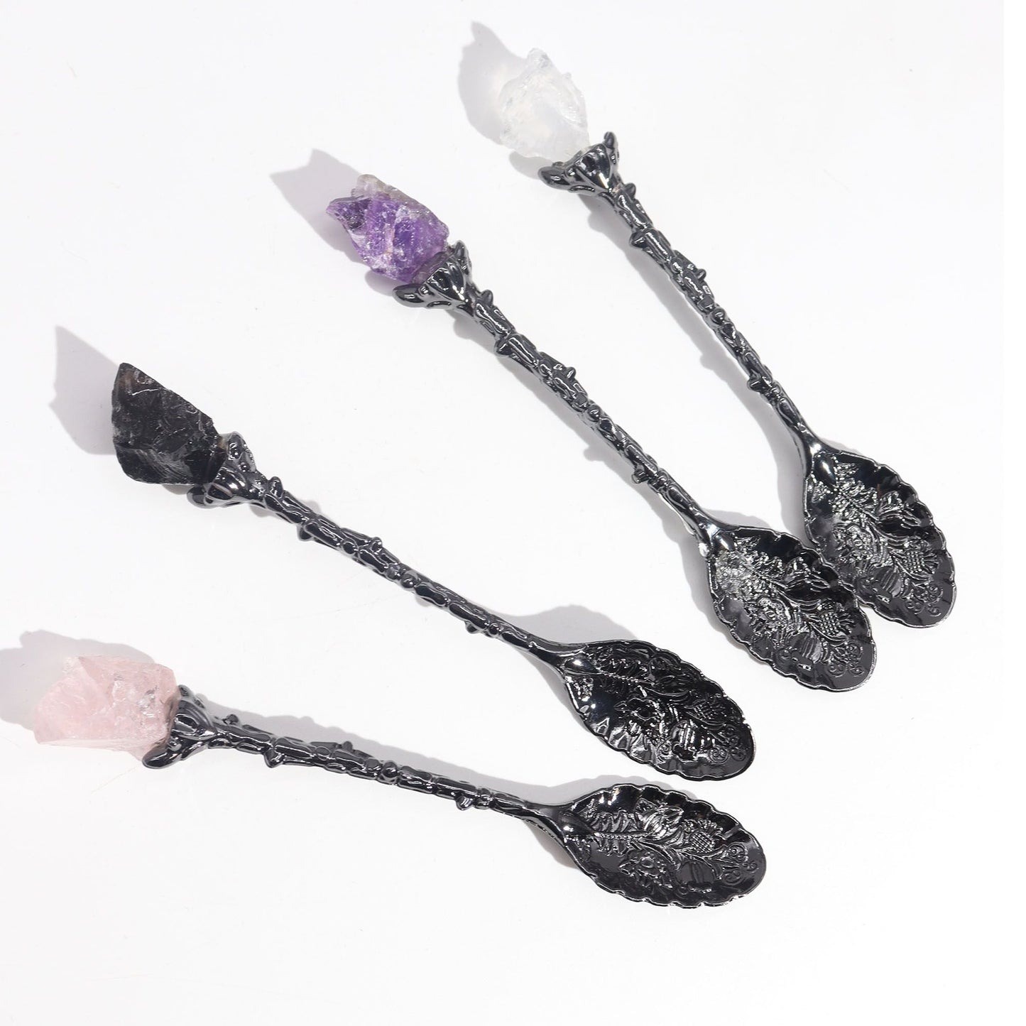 Set of 7 Dark Silver Gemstone Crystal Witch Spoons - Luna Panther