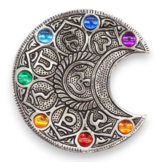 Polished Seven Chakra Moon Incense Holder featuring natural patterning and unique variations - Luna Panther
