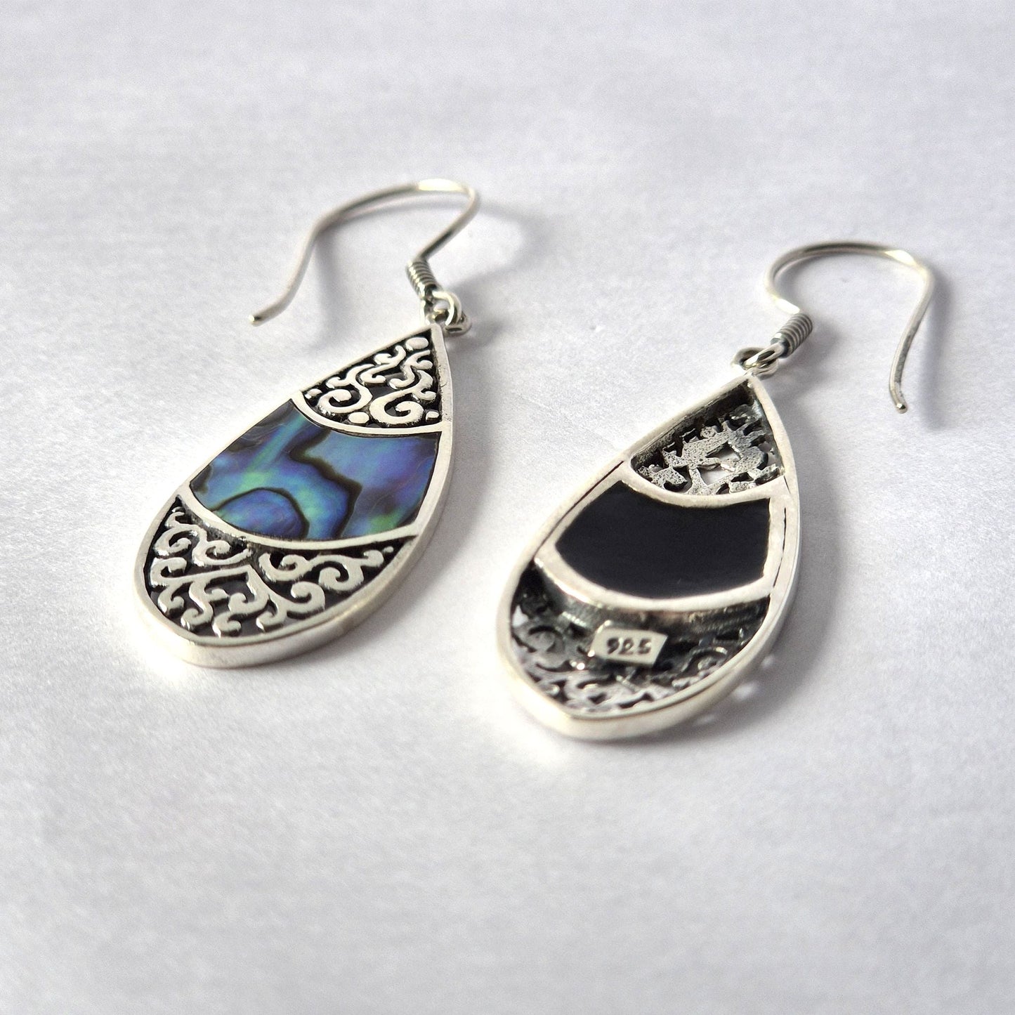 Shell & Silver Earrings - Teardrop Oval - Abalone - Luna Panther