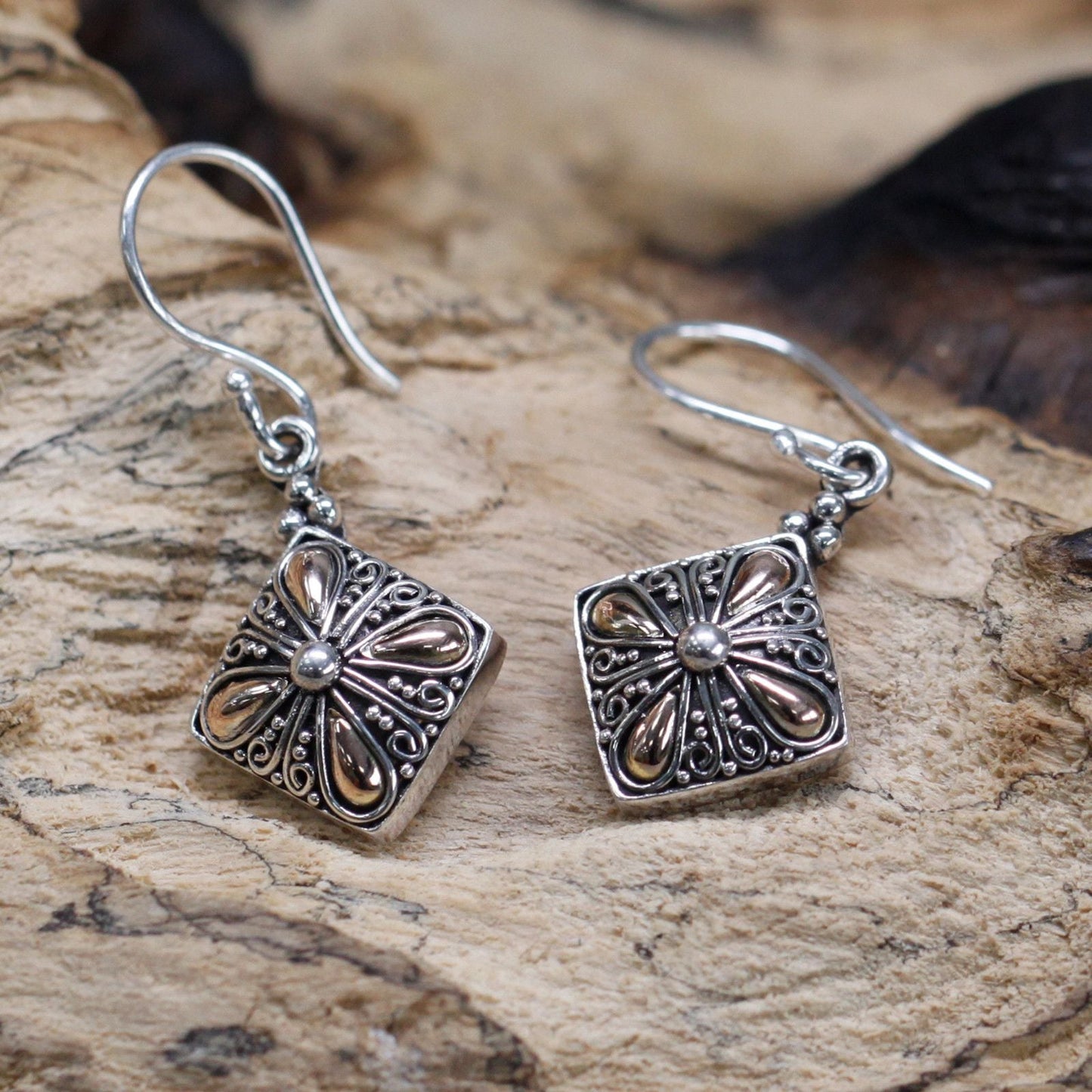 Polished Silver & Gold Earring - Square Drop featuring natural patterning and unique variations - Luna Panther