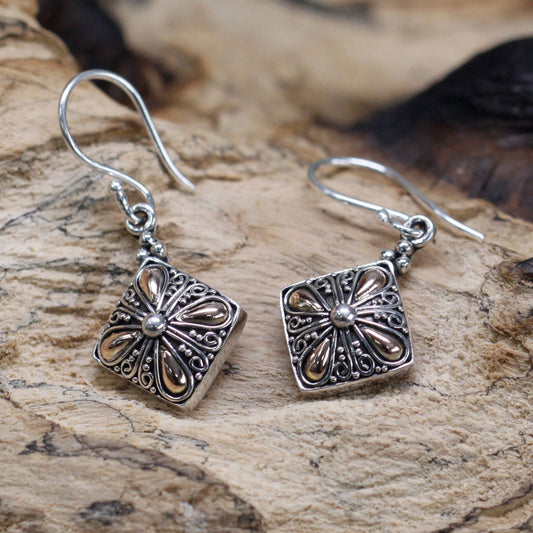 Polished Silver & Gold Earring - Square Drop featuring natural patterning and unique variations - Luna Panther