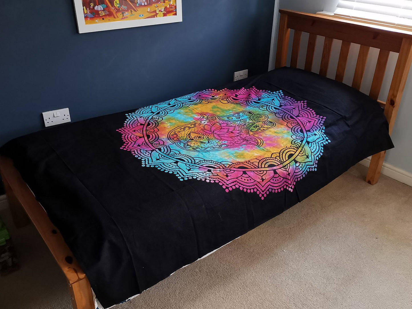 Single Cotton Bedspread + Wall Hanging - Black Hamsa - Luna Panther