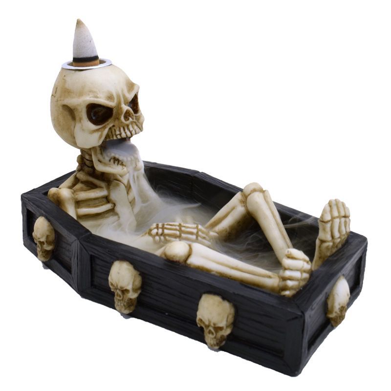 Polished Skeleton in the Coffin Backflow Incense Burner featuring natural patterning and unique variations - Luna Panther