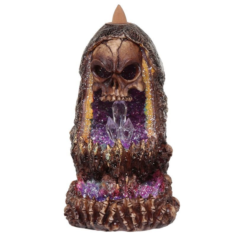 Polished Skull Crystal Cave LED Backflow Incense Burner featuring natural patterning and unique variations - Luna Panther