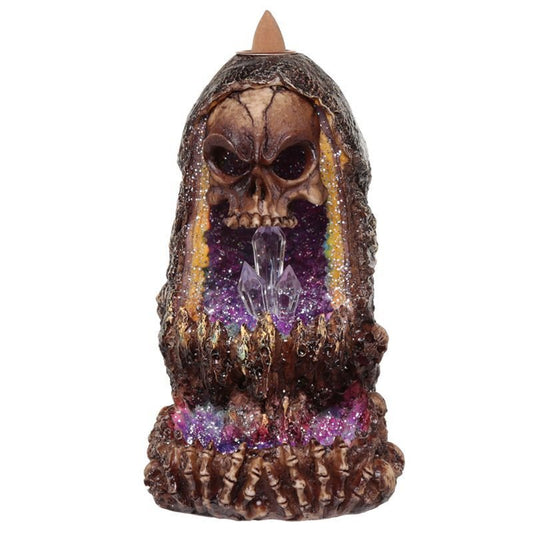 Polished Skull Crystal Cave LED Backflow Incense Burner featuring natural patterning and unique variations - Luna Panther