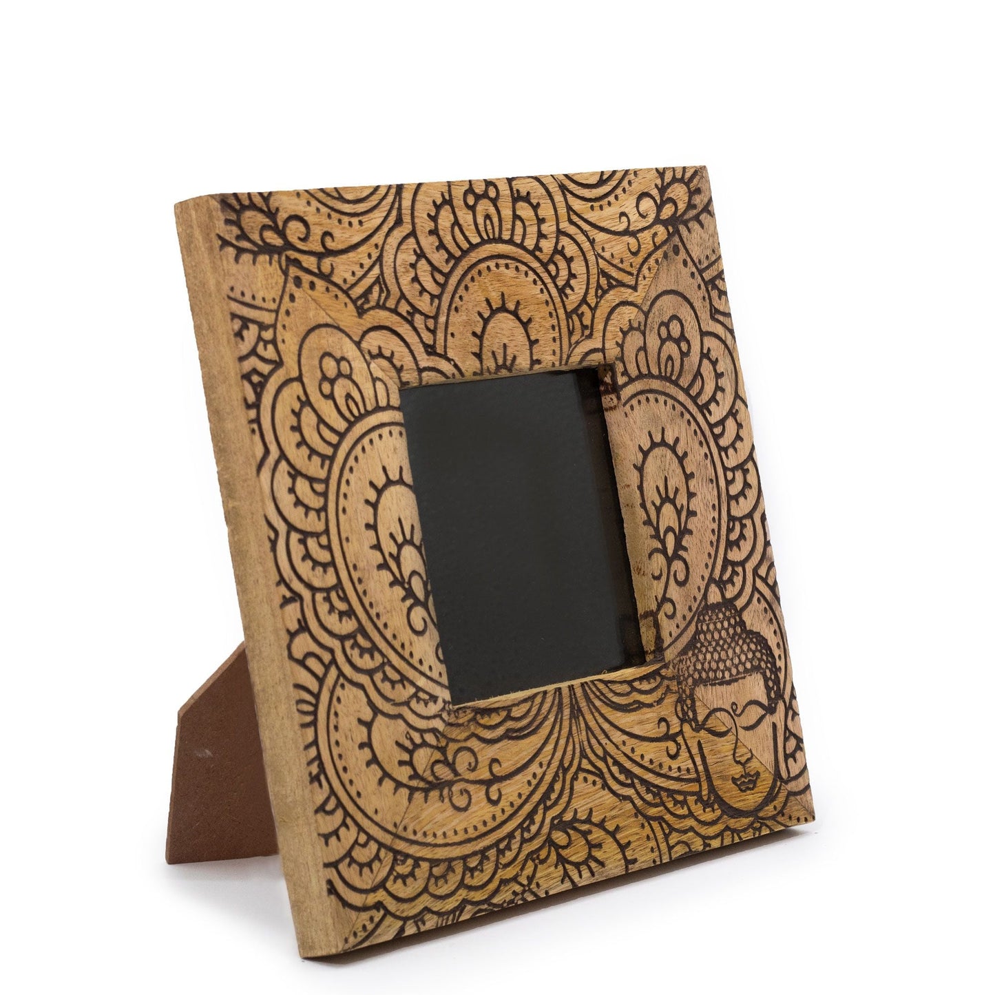 Black mango wood buddha picture frame for 10 x 10cm photo, approx. 20 x 20 x 2cm