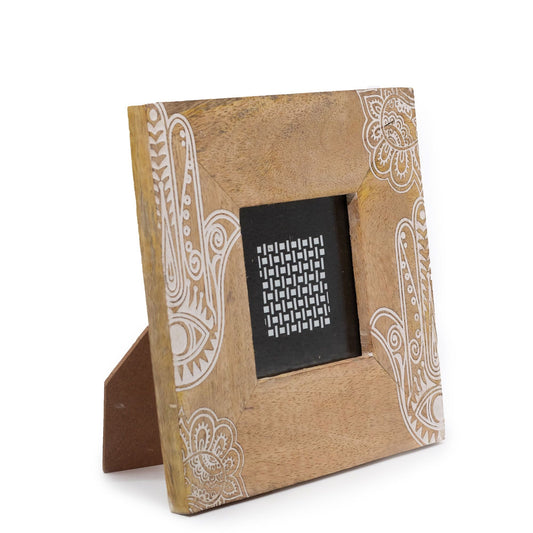 White mango wood hamsa picture frame for 10 x 10cm photo, approx. 20 x 20 x 2cm