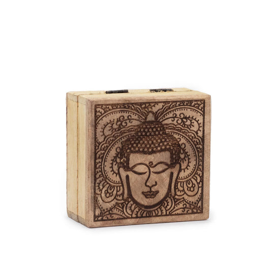 Small Square Box 10x10x4.2cm - Buddha Face Black Engraved - Luna Panther