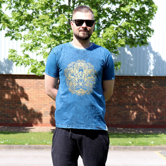 Polished Small Stone Washed T-Shirt - Hamsa - Blue featuring natural patterning and unique variations - Luna Panther