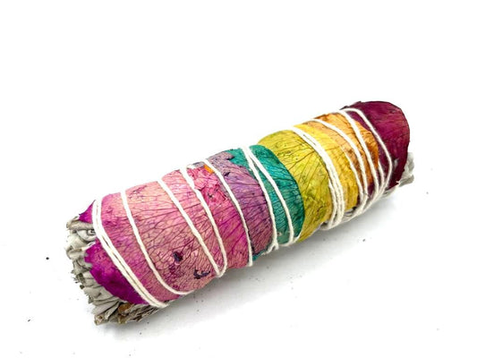 Polished Smudge Stick - 7 Chakras Rose Petals Sage 10 cm (Chakra) featuring natural patterning and unique variations - Luna Panther