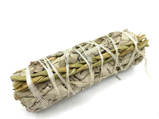 Polished Smudge Stick - White Sage & Sweetgrass 10cm featuring natural patterning and unique variations - Luna Panther