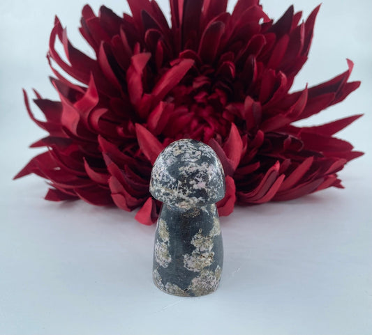 Polished Snowflake Obsidian Mushroom featuring black base with grey snowflake patterns - Luna Panther