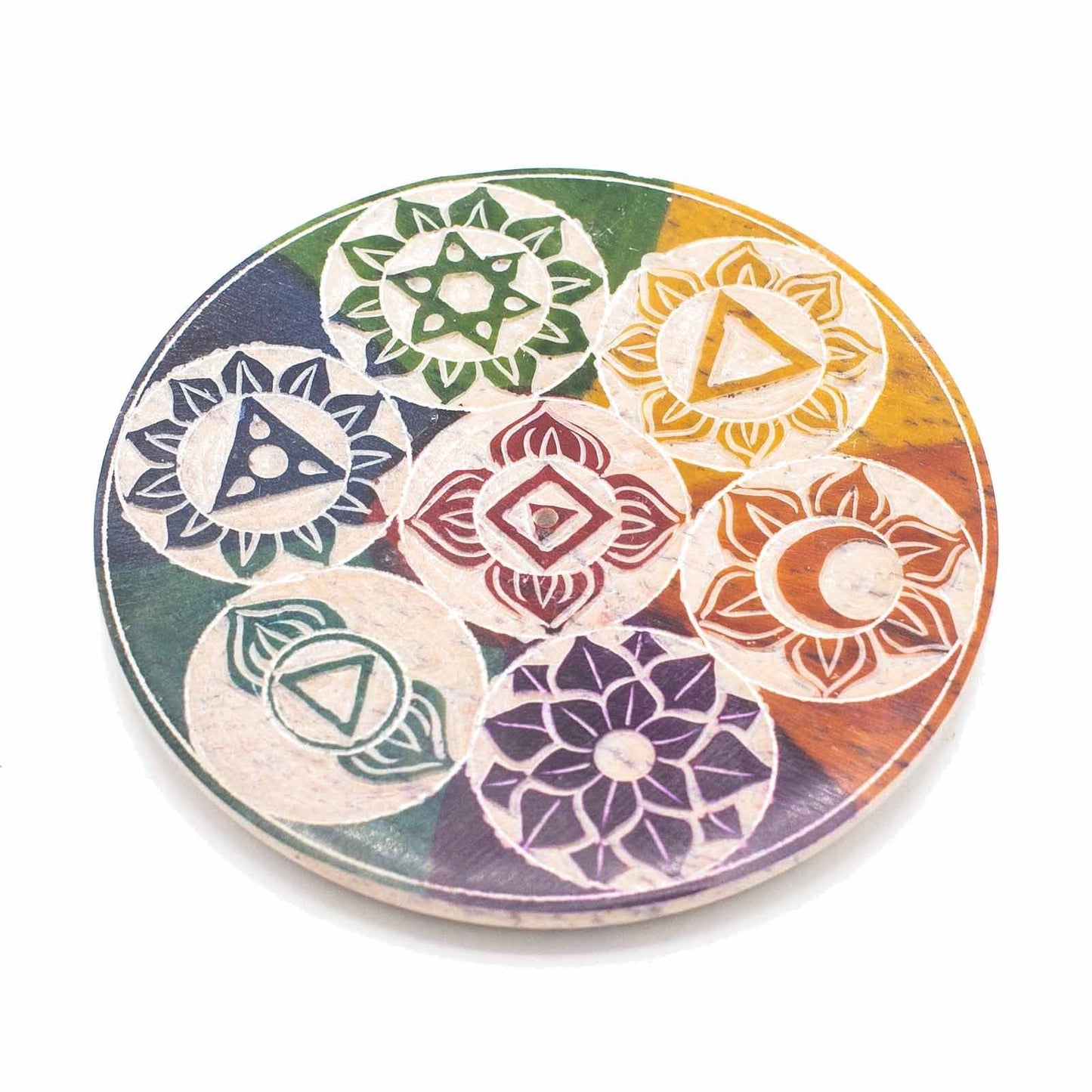 Polished Soapstone Disc Incense Cone Holder 10cm - Seven Chakra featuring natural patterning and unique variations - Luna Panther
