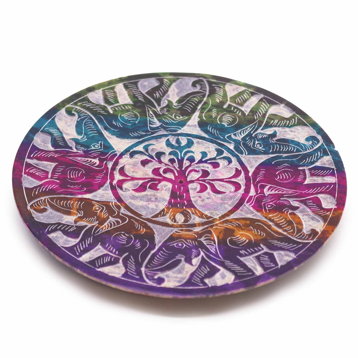 Polished Soapstone Disc Incense Holder - 6 Lucky Elephants featuring natural patterning and unique variations - Luna Panther
