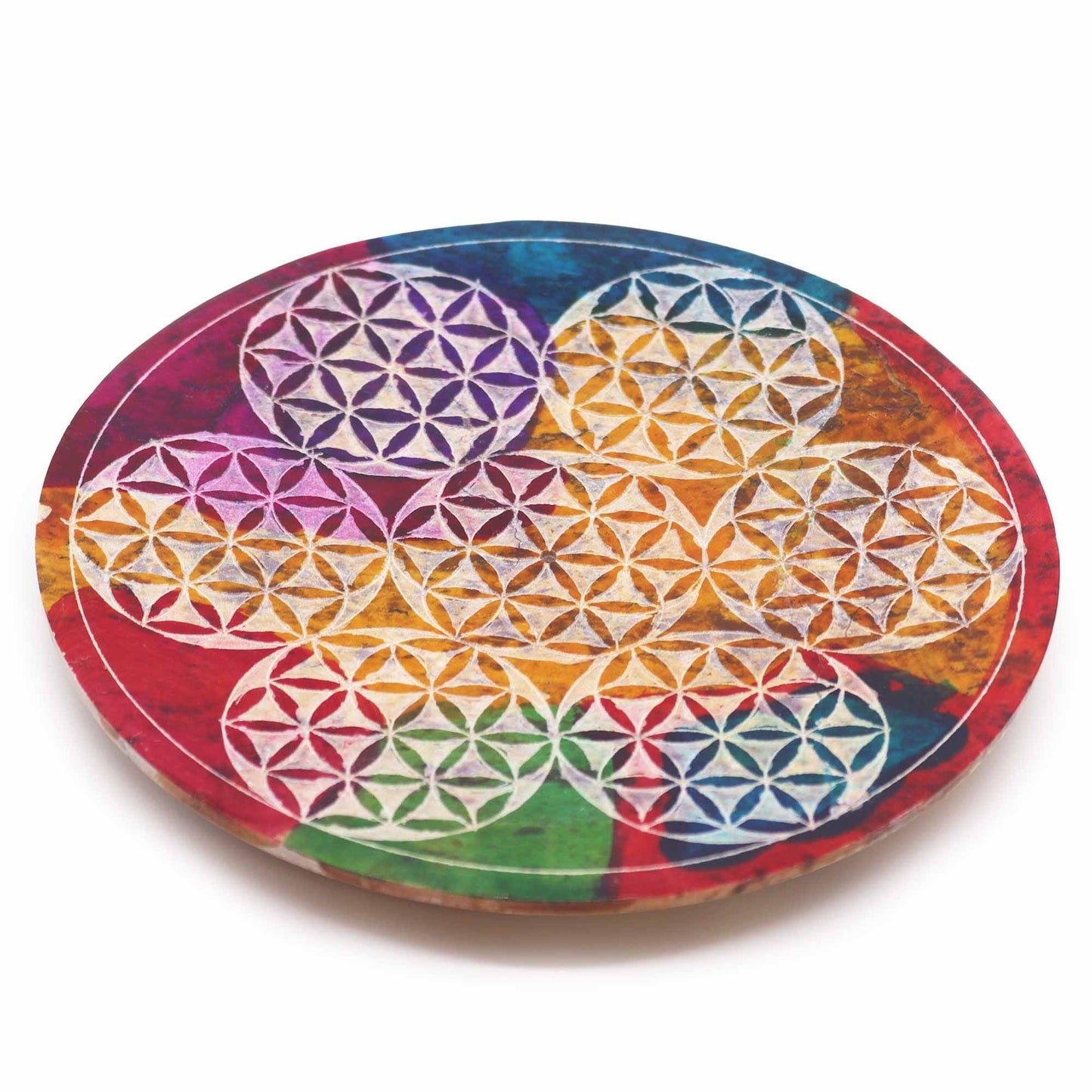 Polished Soapstone Disc Incense Holder - 7 Flower of Life featuring natural patterning and unique variations - Luna Panther
