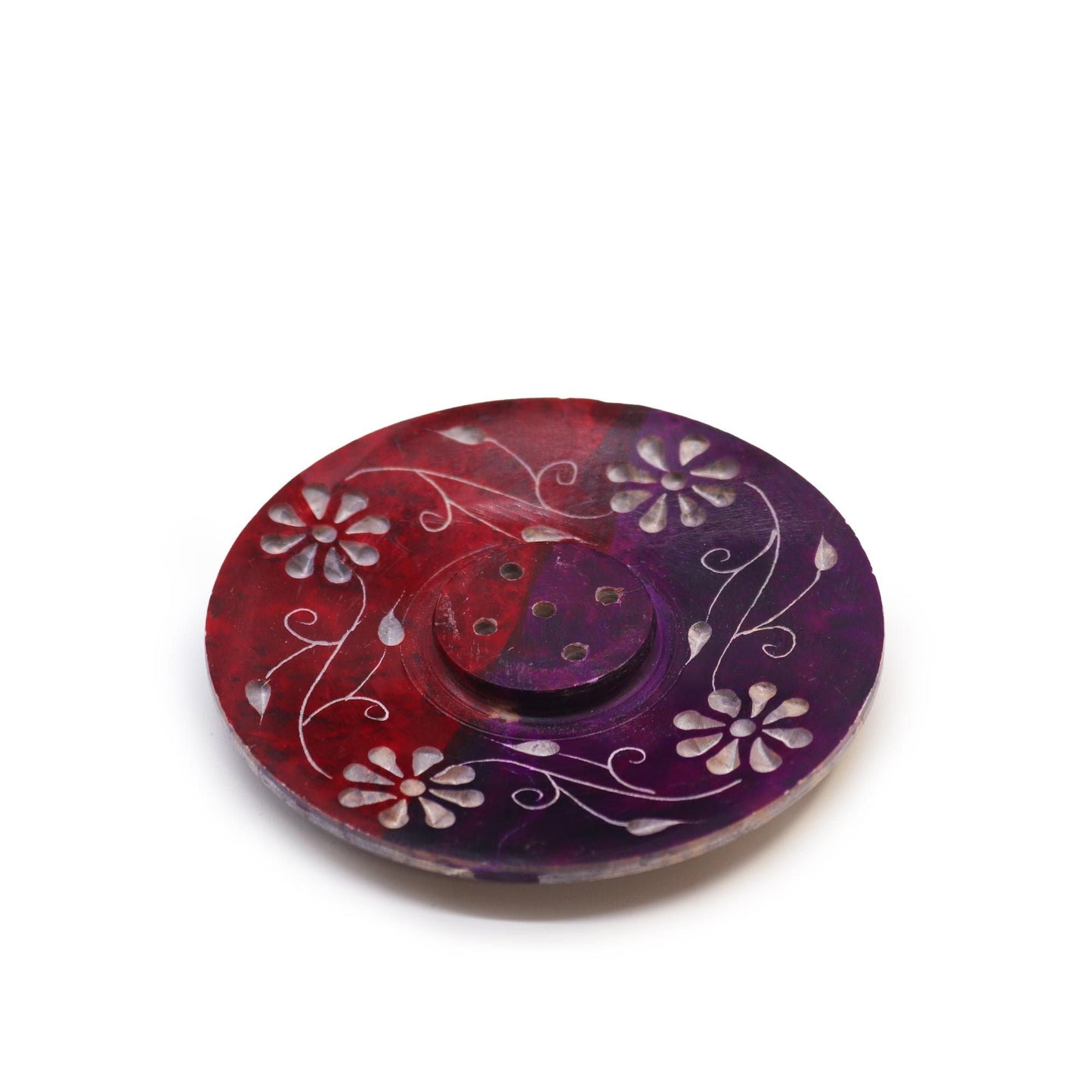 Polished Soapstone Disc Incense Holder - Floral (5 stick holder) featuring natural patterning and unique variations - Luna Panther
