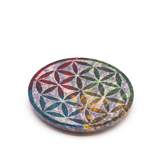 Polished Soapstone Disc Incense Holder - Flower of Life featuring natural patterning and unique variations - Luna Panther