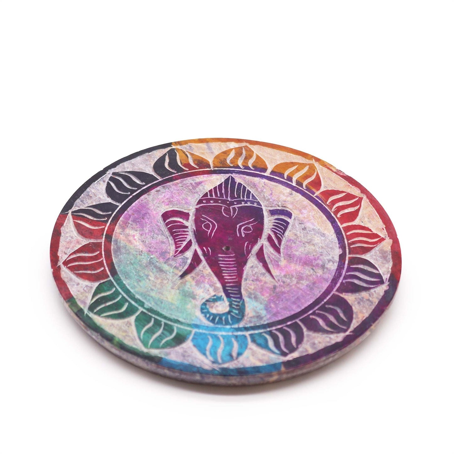 Polished Soapstone Disc Incense Holder - Ganesha featuring natural patterning and unique variations - Luna Panther