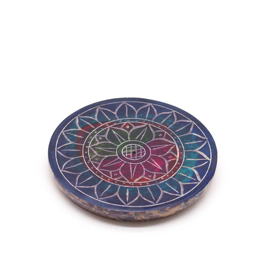 Polished Soapstone Disc Incense Holder - Lotus in Lotus featuring natural patterning and unique variations - Luna Panther